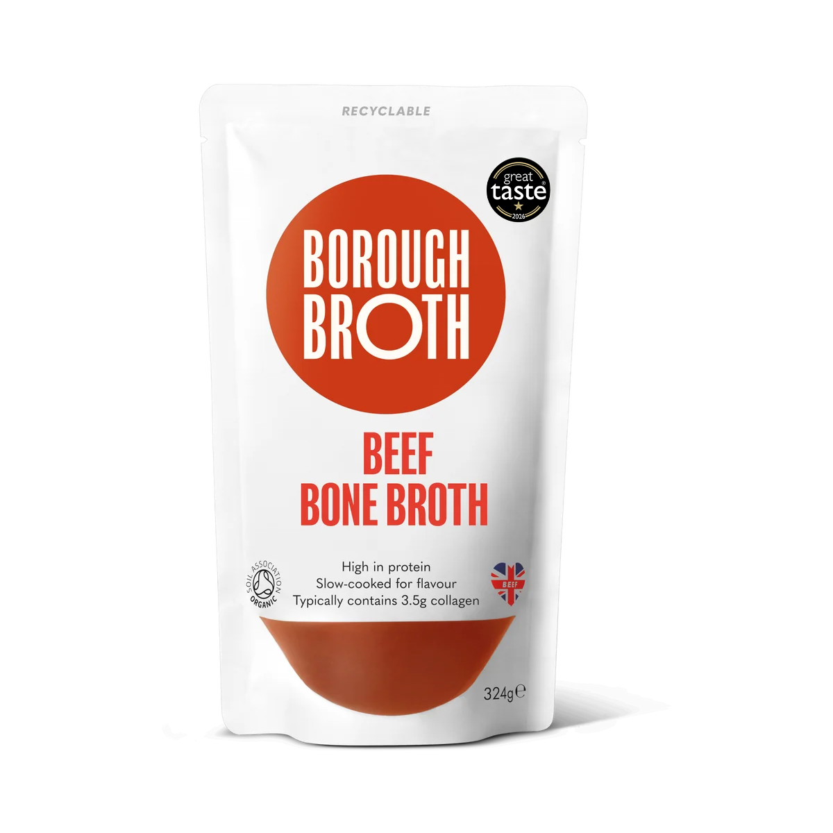 A 324g stand-up pouch of Borough Broth Beef Bone Broth on a white background. The packaging is white with a prominent red circular logo and text, and a graphic of the broth at the bottom.