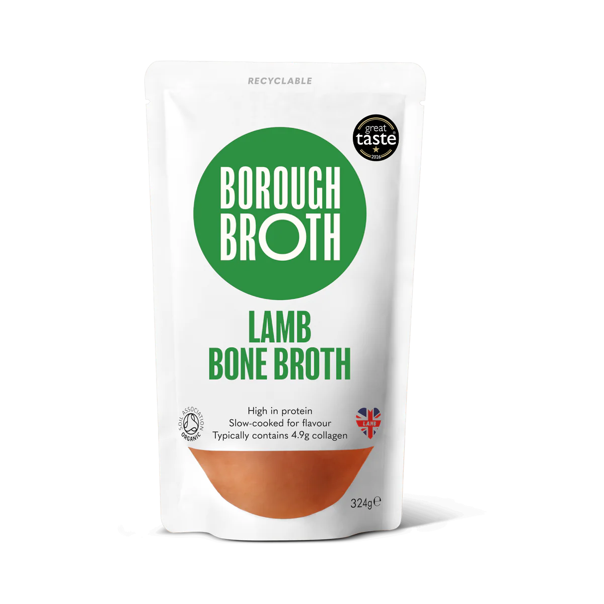 A white stand-up pouch of Borough Bone Broth with a large green circular logo and green text reading 'LAMB BONE BROTH'. The package also shows a black circular 'taste test' badge, a small UK flag icon, and a brown broth color block near the bottom.