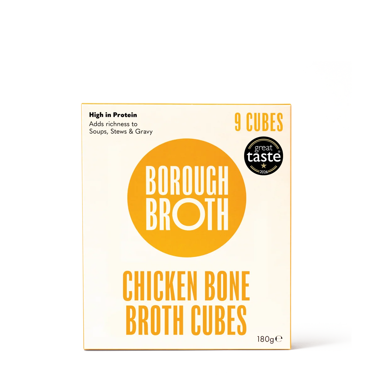A box of Borough Broth Chicken Bone Broth Cubes on a clean white background. The packaging is cream-colored with a large orange circle containing the brand name 'BOROUGH BROTH' and orange text reading 'CHICKEN BONE BROTH CUBES'.