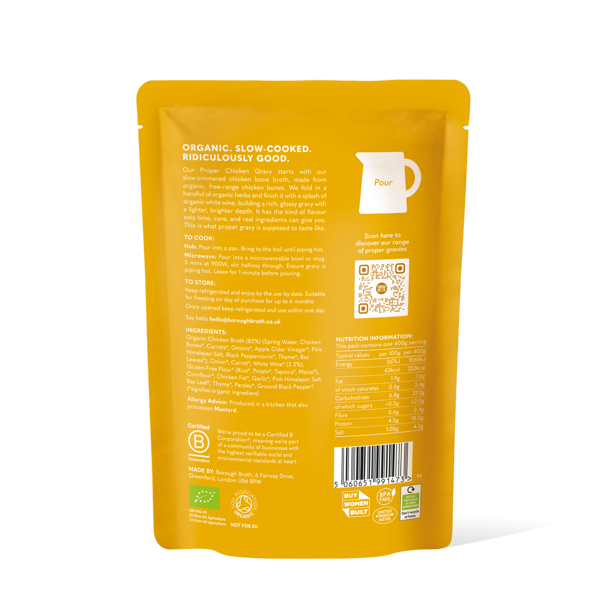 Back view of a yellow pouch package for Power Chicken Gravy, showing product information, ingredients, a QR code, and certification logos on a white background.
